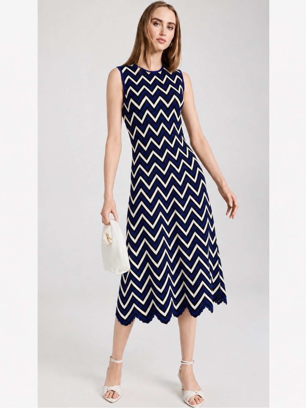 Shoshanna Leia Sleeveless Chevron Knit Midi Dress Navy Black Ivory Size L